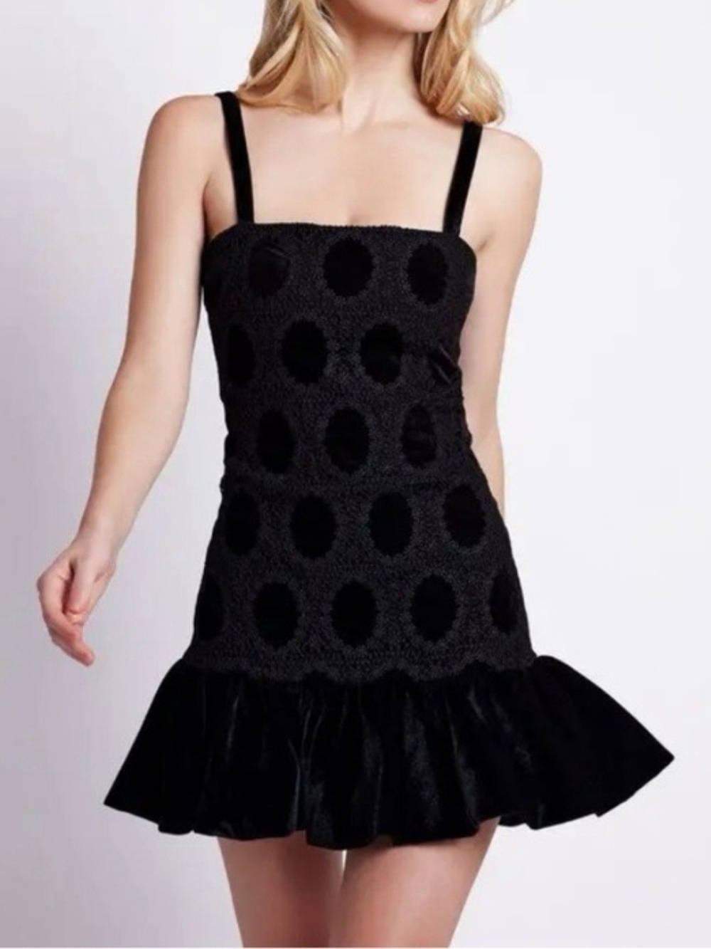 NWT $650 PatBO Black Velvet Textured Polka Dot Dress with Ruffle Hem